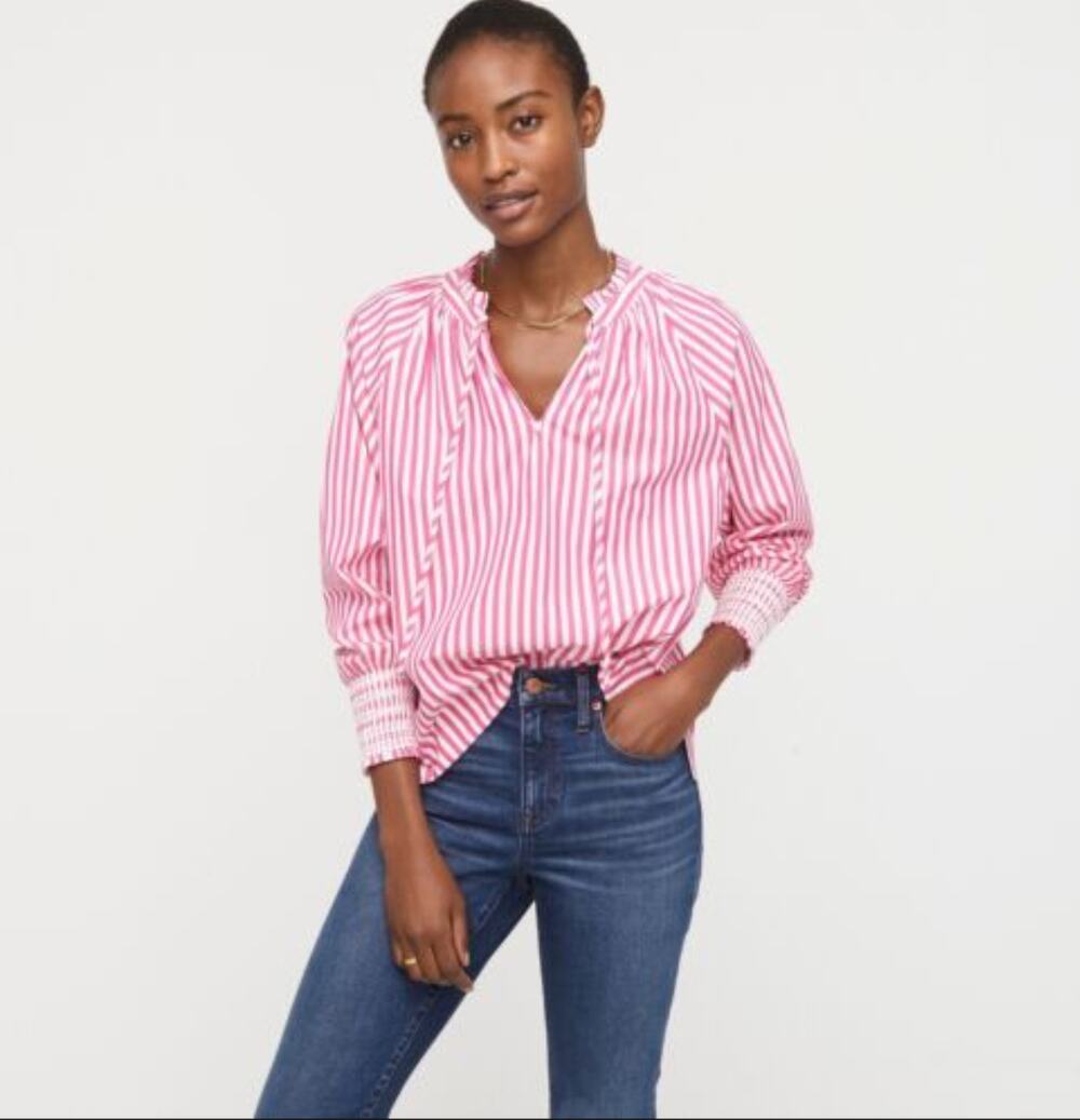 J. Crew Pink White Striped Cotton Smocked-Cuff Women's Popover Top Size S